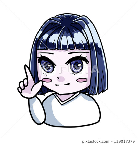 一幅彩色插圖,描繪了一個Q版少女,她有著冷峻的冬日膚色,正用手指著什麼。 一幅彩色插圖,描繪了一個Q版少女,她有著冷峻的冬日膚色,正用手指著什麼。 139017379