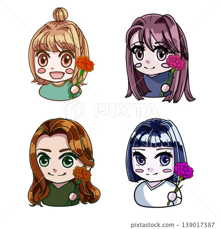 四位不同風格的Q版女孩手捧康乃馨，彩色插圖。 139017387