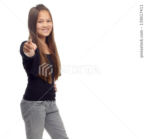 Teenager, portrait and pointing in studio for winner or we want you, join us or announcement. Child, face as hand gesture for opportunity deal or recruitment or invitation, mockup at white background Teenager, portrait and pointing in studio for winner or we want you, join us or announcement. Child, face as hand gesture for opportunity deal or recruitment or invitation, mockup at white background 139017411