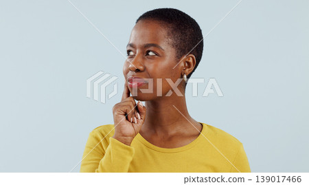 Happy black woman, face and thinking for solution, planning or brainstorming against a studio background. African female person in wonder, thought or contemplating decision, choice or idea on mockup Happy black woman, face and thinking for solution, planning or brainstorming against a studio background. African female person in wonder, thought or contemplating decision, choice or idea on mockup 139017466