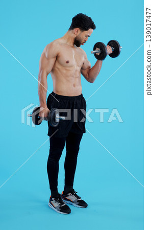 Fitness, dumbbells and man in studio for training, exercise or bodybuilding on blue background. Health, wellness and topless guy bodybuilder with bicep workout, muscle or flex, progress or resilience 139017477