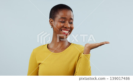 Happy black woman, smile and palm for advertising or marketing against a studio background. Face of African female person with hand out showing advertisement, platform or presentation on mockup space Happy black woman, smile and palm for advertising or marketing against a studio background. Face of African female person with hand out showing advertisement, platform or presentation on mockup space 139017486