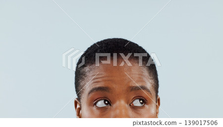 Idea, space and eyes with woman in studio for mockup, planning and opinion. Question, why and confused with closeup face of african person thinking on grey background for guide, remember and choice 139017506