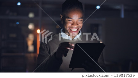 Businessman, night and tablet with smile in office, reading search with career progress in company. Black man, happy or touchscreen for email on project growth, web or feedback on startup expansion Businessman, night and tablet with smile in office, reading search with career progress in company. Black man, happy or touchscreen for email on project growth, web or feedback on startup expansion 139017529