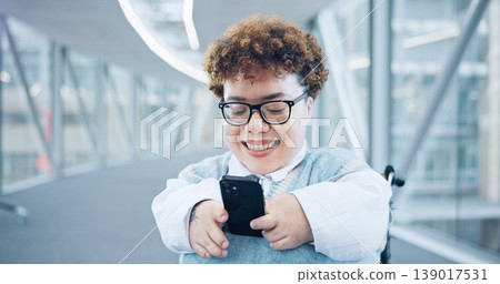 Phone, smile and a woman with a disability in an airport for travel or online booking confirmation. Business, communication and a flight passenger in a wheelchair for check in or accessibility Phone, smile and a woman with a disability in an airport for travel or online booking confirmation. Business, communication and a flight passenger in a wheelchair for check in or accessibility 139017531