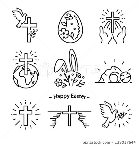 easter icons, christian cross, easter egg, dove and more, icon set, resurrection day simple symbols, linear vector illustration easter icons, christian cross, easter egg, dove and more, icon set, resurrection day simple symbols, linear vector illustration 139017644