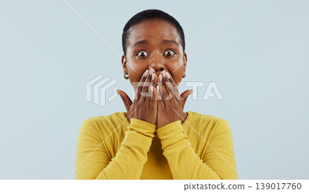 Woman, shocked and surprise or cover mouth for gossip, news of sale, announcement or information in studio. Portrait of african person with wow or excited for story or secret on a white background 139017760