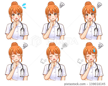 A set of anime-style illustrations of a worried nurse in a white coat (set of 2). A set of anime-style illustrations of a worried nurse in a white coat (set of 2). 139018145