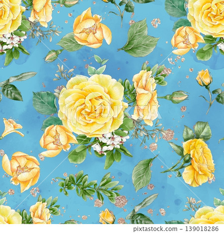 Watercolor illustration of a seamless pattern of delicate flowers and leaves, roses, and daisies. Hand-drawn. Watercolor illustration of a seamless pattern of delicate flowers and leaves, roses, and daisies. Hand-drawn. 139018286