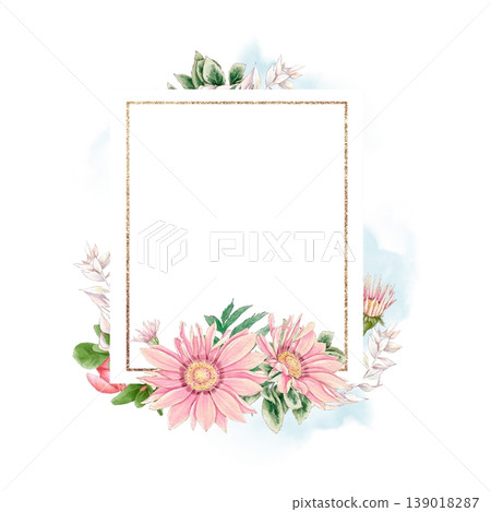 Watercolor illustration frame postcard of delicate roses and other flowers, on a white background, hand-drawn. 139018287