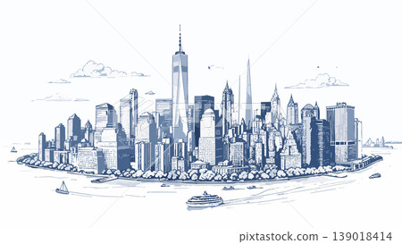 New york city lower manhattan blue line drawing New york city lower manhattan blue line drawing 139018414