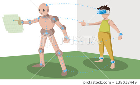 Person wearing a VR headset and motion tracking sensors remotely controls a humanoid robot. Robot mirrors the human gestures to interact with a digital interface. Showcasing advanced teleoperation. 139018449