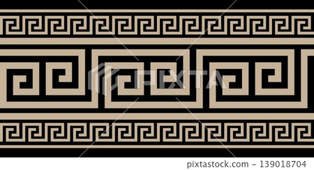Vector gold classic European national ornament, border, frame, meander. Greek pattern. Endless pattern of Ancient Greece, Roman Empire. Byzantine painting of wall, floor, ceiling. Byzantine European  139018704