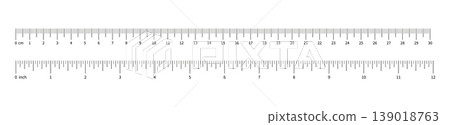 Collection of ruler scale 12 inch and 300mm with numbers. Set of measuring chart with 12 inches and 30 centimeters. Length measurement math, distance, Sewing tool. Ruler scale template.. 139018763