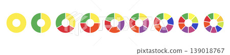Multicoloured diagrams infographic in rainbow colors. Circle section graph. Wheels divided in sections. Multicolored rainbow colored donut charts, pies segmented on from 1 to 9 equal parts. Loading ba Multicoloured diagrams infographic in rainbow colors. Circle section graph. Wheels divided in sections. Multicolored rainbow colored donut charts, pies segmented on from 1 to 9 equal parts. Loading ba 139018767