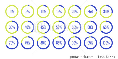 Blue and green color fill chart indicators template. Round graph loading progress set. Circle diagrams icons for infographics from 100 to 0 percent. Blue0green progress bars. Round percentage pie info Blue and green color fill chart indicators template. Round graph loading progress set. Circle diagrams icons for infographics from 100 to 0 percent. Blue0green progress bars. Round percentage pie info 139018774