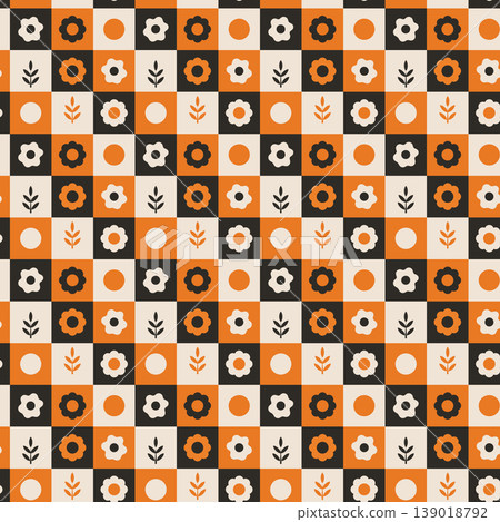 Retro Checker Floral Seamless Pattern with Orange Accent Mid Century Style Retro Checker Floral Seamless Pattern with Orange Accent Mid Century Style 139018792
