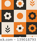 Bold Geometric Floral Checker Seamless Pattern Orange Black Minimal Style 139018793