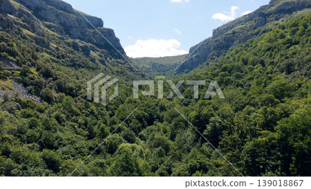 Lush green valley with dense forest and steep mountains Lush green valley with dense forest and steep mountains 139018867