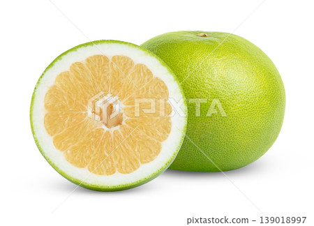 Pomelit, pomelo, oroblanco fruit with half isolated. Fresh green citrus grapefruit sweetie with half of grapefruit sweetie. 139018997