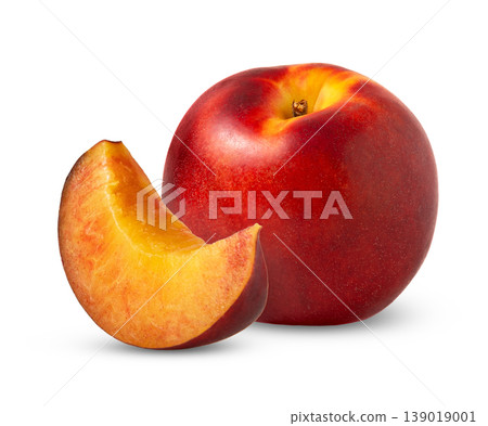 Nectarine peach fruit and cut in slice of nectarine isolated. Nectarine peaches fruits isolate. Nectarine peach fruit and cut in slice of nectarine isolated. Nectarine peaches fruits isolate. 139019001