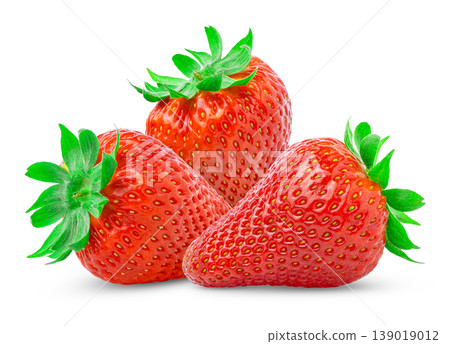 Three juicy ripe strawberries isolated on a white background. Red strawberry berry isolated. Three juicy ripe strawberries isolated on a white background. Red strawberry berry isolated. 139019012