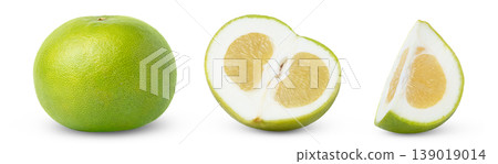 Collection of green citrus sweetie grapefruit and half of oroblanco, pomelo or pomelit isolated with slice of sweetie grapefruit on white. Collection of green citrus sweetie grapefruit and half of oroblanco, pomelo or pomelit isolated with slice of sweetie grapefruit on white. 139019014