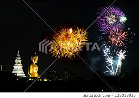 Night scenes of Fireworks at the Phra Phutthathamakaya Thepmongkol at Wat Pak Nam is a Buddha statue. It is the tallest Buddha statue in Bangkok and the third tallest in Thailand. Night scenes of Fireworks at the Phra Phutthathamakaya Thepmongkol at Wat Pak Nam is a Buddha statue. It is the tallest Buddha statue in Bangkok and the third tallest in Thailand. 139019036