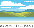 Seascape with rocky coastlines, cliffs, waves and blue sky with clouds in cartoon style. Panoramic ocean 139019094