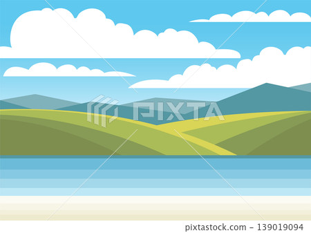 Seascape with rocky coastlines, cliffs, waves and blue sky with clouds in cartoon style. Panoramic ocean Seascape with rocky coastlines, cliffs, waves and blue sky with clouds in cartoon style. Panoramic ocean 139019094