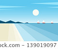 Sailboat in the sea seaside view illustration. Sea side landscape in flat style. Sailing ship travel view 139019097