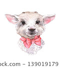 Watercolor baby goat or lamb head with pink bow tie. Cute farm animal portrait. Hand drawn illustration 139019179