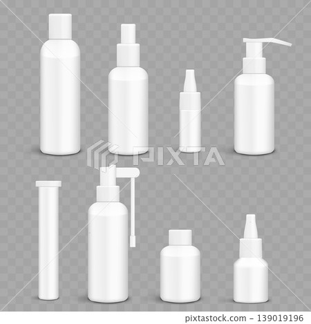 Realistic Blank Medical Packaging Mockup Set. Vector White Pill Bottles, Dropper, Spray and Tube Templates. Realistic Blank Medical Packaging Mockup Set. Vector White Pill Bottles, Dropper, Spray and Tube Templates. 139019196