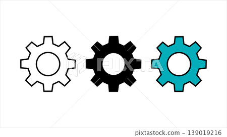 Three distinct gear icons in outline, solid black, and teal colors for settings, options, and mechanical systems vector isolated on white background Three distinct gear icons in outline, solid black, and teal colors for settings, options, and mechanical systems vector isolated on white background 139019216