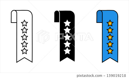 Set of three-star rating bookmark ribbon icons in outline, solid black, and blue illustration isolated on white background Set of three-star rating bookmark ribbon icons in outline, solid black, and blue illustration isolated on white background 139019218