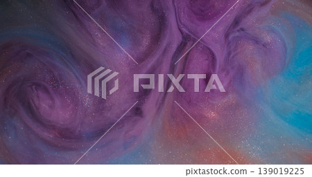 Underwater smoke. Art vapor. Defocused blue purple orange color ink glitter liquid cloud splash spreading on abstract acrylic background. 139019225