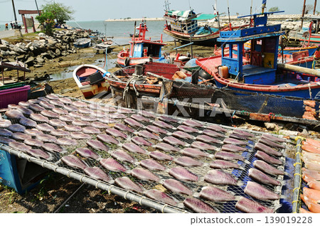 Fish are sun-dried on nets outdoors, with fishing boats anchored far away, at Ban Amphoe beach ,Thailand. Fish are sun-dried on nets outdoors, with fishing boats anchored far away, at Ban Amphoe beach ,Thailand. 139019228