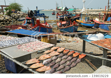 Fish are sun-dried on nets outdoors, with fishing boats anchored far away, at Ban Amphoe beach ,Thailand. 139019229