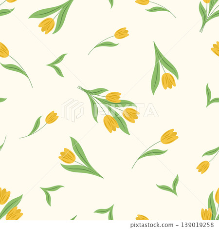 Seamless Tulip Pattern, Yellow Floral Background, Spring Flowers, Minimal Botanical Textile Design 139019258