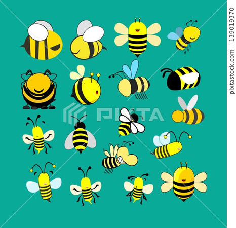 Buzzing Harmony Set - Three Bees in Vibrant Illustration. Bee illustration sets. 139019370