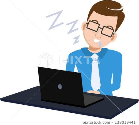 Illustration of a Man Having Got Sleepy While Working on His Laptop Illustration of a Man Having Got Sleepy While Working on His Laptop 139019441