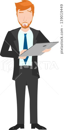 Illustration of a Businessman With Brown Hair Holding a Clipboard or Tablet While Looking Down Illustration of a Businessman With Brown Hair Holding a Clipboard or Tablet While Looking Down 139019449