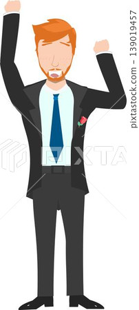 Illustration of a Man With Ginger Hair in a Tuxedo Holding His Arms Up and Celebrating His Success 139019457