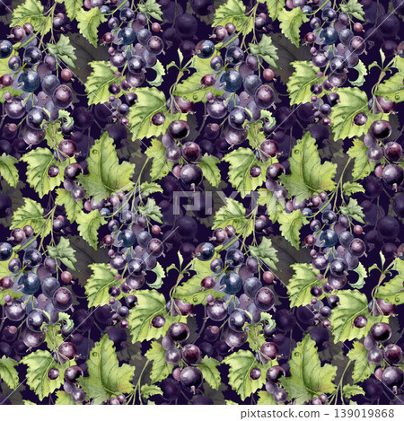 Fresh ripe berry branches watercolor seamless pattern isolated. Endless background of black currant with foliage hand painted. Botanical print for textile, wrapping paper, design packaging. Fresh ripe berry branches watercolor seamless pattern isolated. Endless background of black currant with foliage hand painted. Botanical print for textile, wrapping paper, design packaging. 139019868