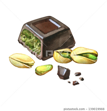 Hand drawn watercolor illustration of famous Dubai chocolate candy with pistachio kunafa filling. This trendy dessert is shown with open pistachio nuts and chocolate crumbs in a realistic style. Hand drawn watercolor illustration of famous Dubai chocolate candy with pistachio kunafa filling. This trendy dessert is shown with open pistachio nuts and chocolate crumbs in a realistic style. 139019988