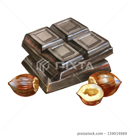 Hand drawn watercolor illustration of dark chocolate bars stacked with fresh hazelnuts. This detailed dessert composition features rich cocoa textures and nutty elements for professional food design. 139019989