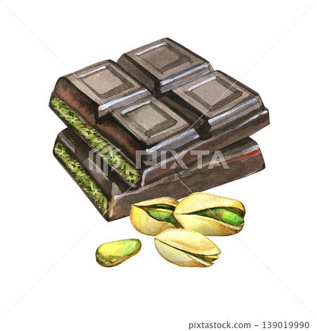 Hand drawn watercolor illustration of Dubai chocolate bars stacked with green pistachio kunafa filling. This trendy dessert is paired with realistic whole and shelled pistachio nuts for food design. Hand drawn watercolor illustration of Dubai chocolate bars stacked with green pistachio kunafa filling. This trendy dessert is paired with realistic whole and shelled pistachio nuts for food design. 139019990