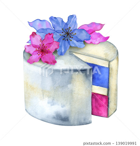 Hand drawn watercolor illustration of a round cake with a slice removed, topped with vibrant pink and blue flowers. This festive dessert features colorful interior layers, ideal for celebration Hand drawn watercolor illustration of a round cake with a slice removed, topped with vibrant pink and blue flowers. This festive dessert features colorful interior layers, ideal for celebration 139019991