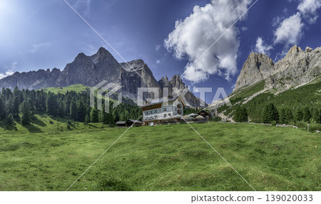 Wooden mountain huts beneath the Vajolet Towers, Dolomites, Italy Wooden mountain huts beneath the Vajolet Towers, Dolomites, Italy 139020033