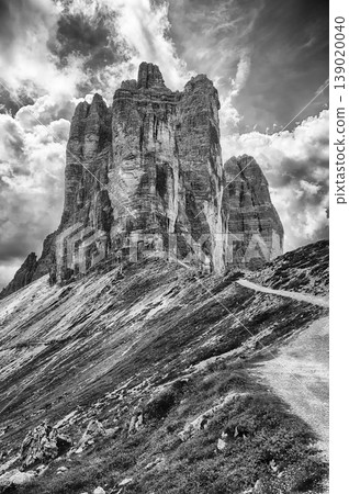 Hiking trails to Tre Cime di Lavaredo mountains, Dolomites, Italy Hiking trails to Tre Cime di Lavaredo mountains, Dolomites, Italy 139020040
